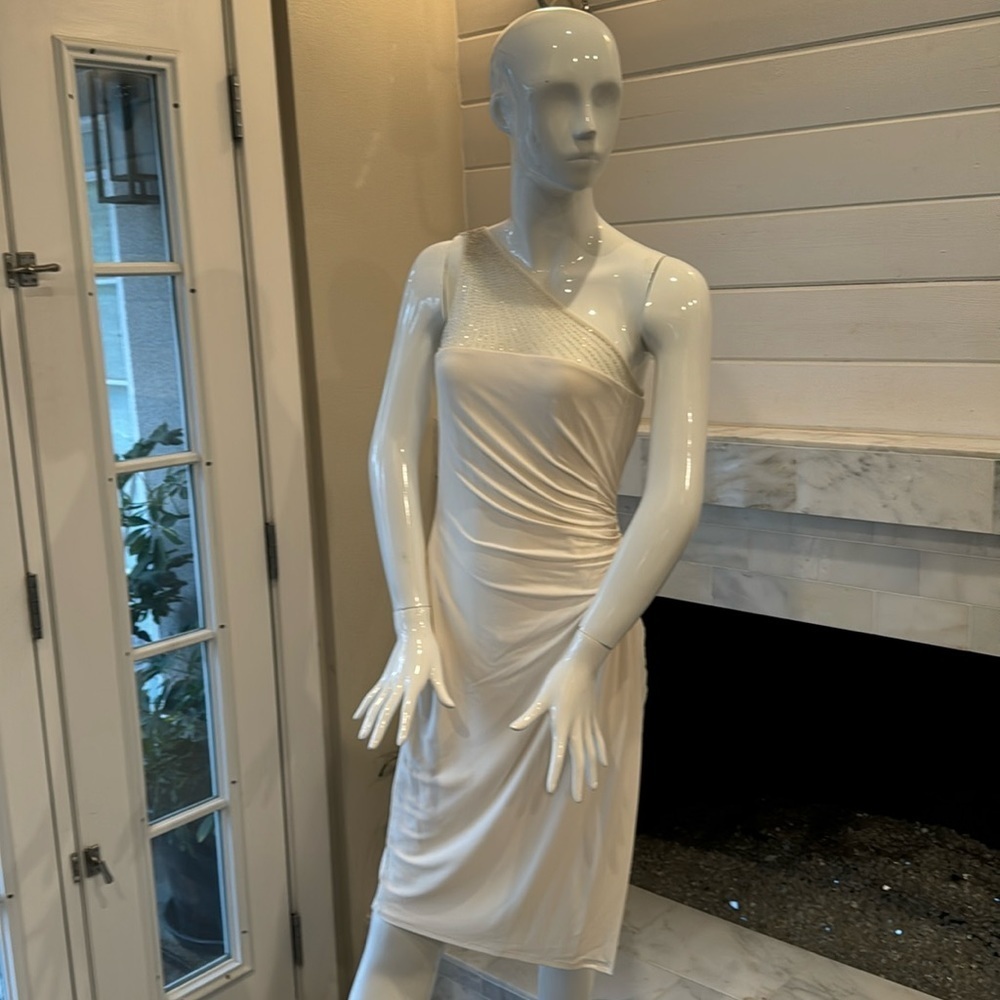 Lauren Ralph Lauren Evening Cream & Silver One Soulder Jersey Dress Size 2